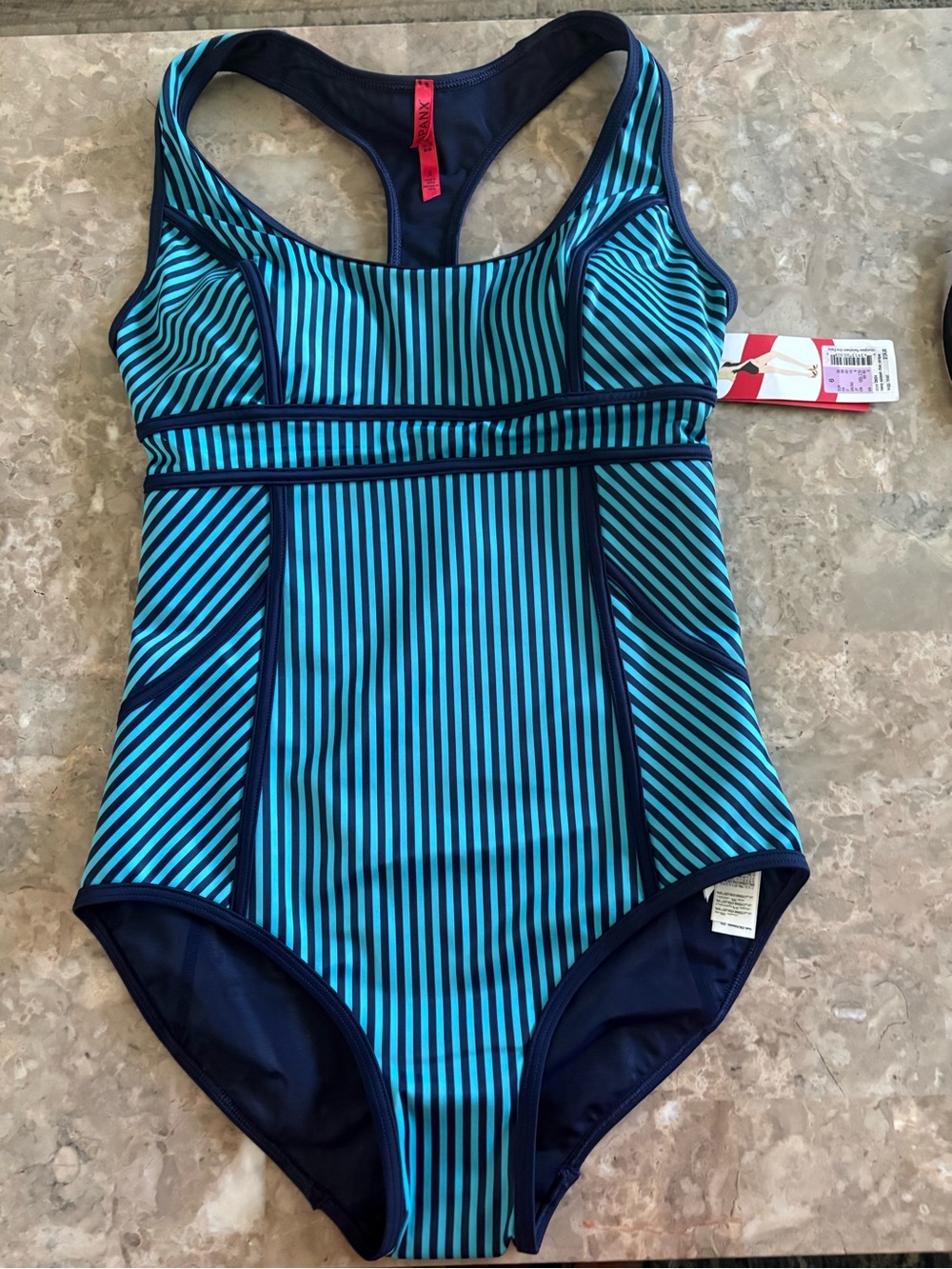 SPANX NWT  Blue and Navy Striped Racerback One-Piece Swimsuit